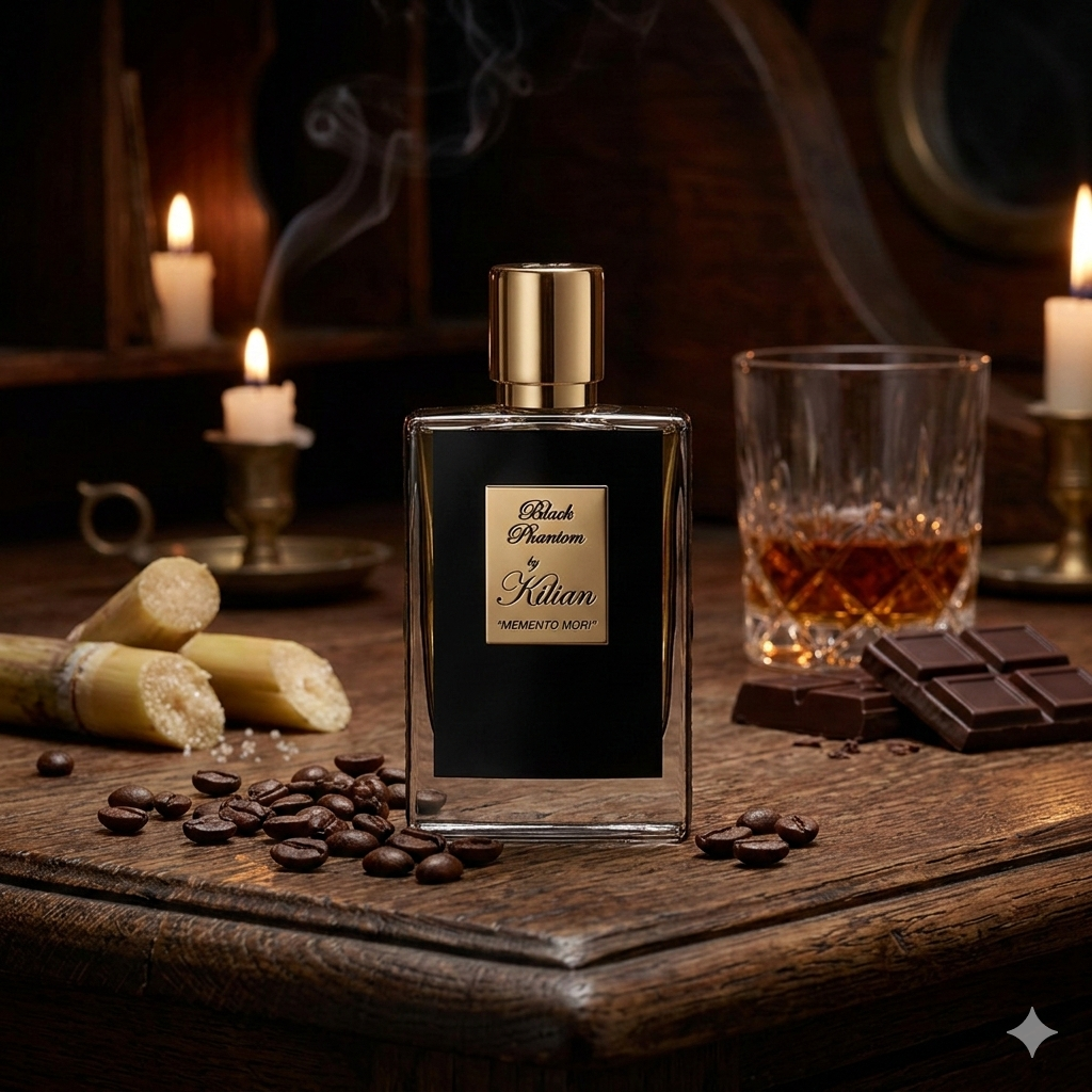 Frasco negro de Kilian Black Phantom sobre una mesa de madera de roble oscuro en el camarote de un barco, con granos de café, una copa de ron y monedas de oro.