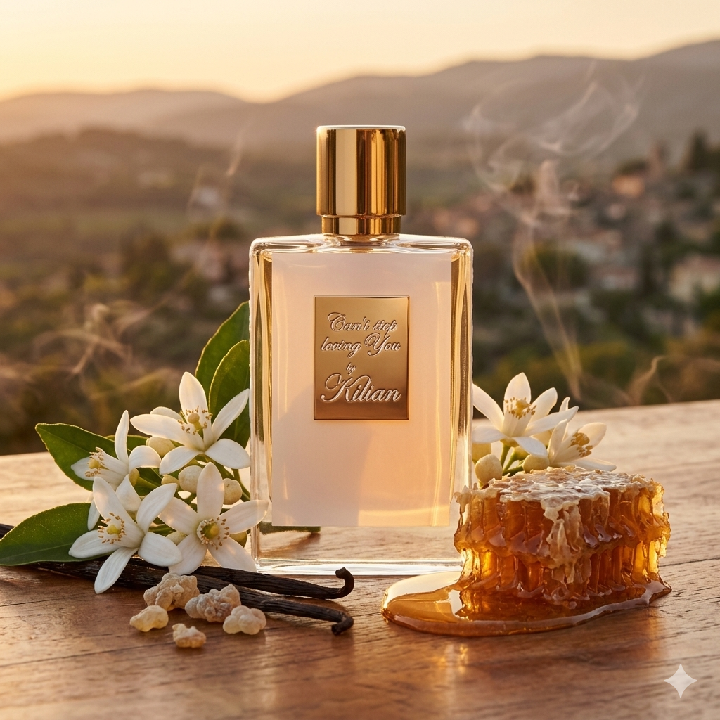 Frasco de Kilian Can't Stop Loving You con miel, flor de azahar e incienso, estilo Casa Flores.