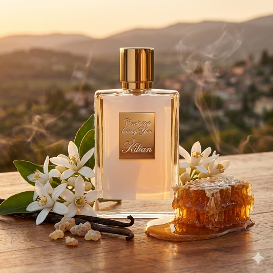 Frasco de Kilian Can't Stop Loving You con miel, flor de azahar e incienso, estilo Casa Flores.