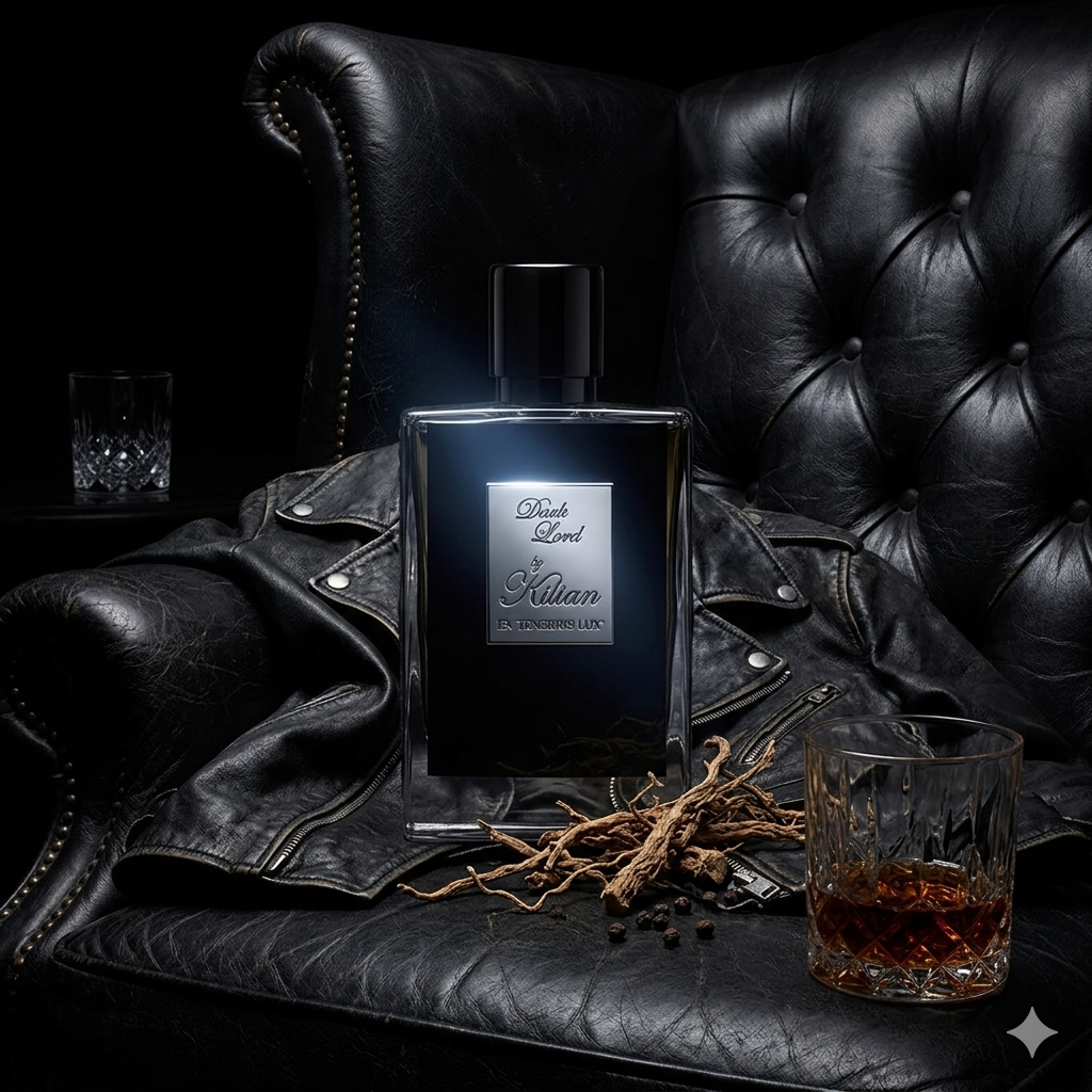 Frasco negro de Kilian Dark Lord sobre cuero oscuro con vetiver y ron, estilo Casa Flores.