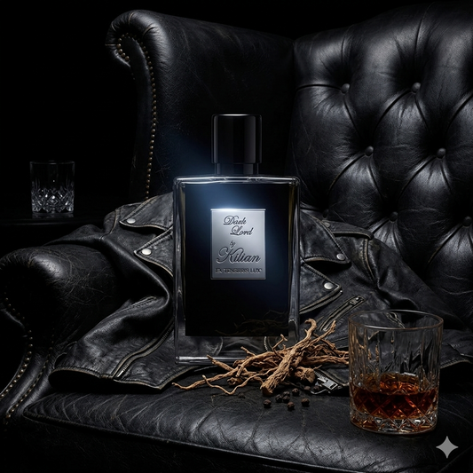 Frasco negro de Kilian Dark Lord sobre cuero oscuro con vetiver y ron, estilo Casa Flores.