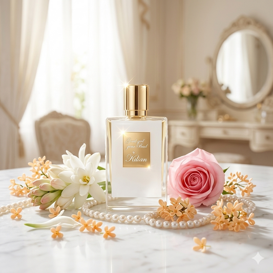 Frasco blanco de Kilian Good Girl Gone Bad sobre mármol con nardos y flores de osmanto, estilo Casa Flores.