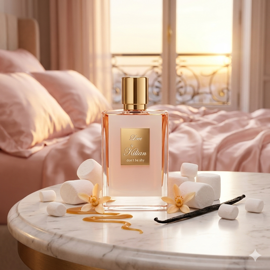 Frasco blanco de Kilian Love, Don't Be Shy rodeado de nubes de azúcar y flores blancas, estilo Casa Flores.