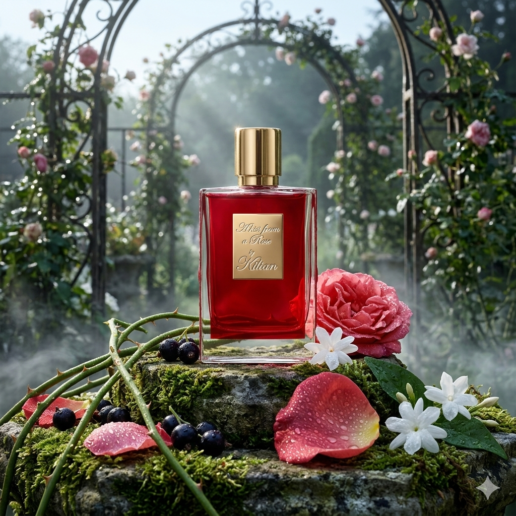 Frasco rojo de Kilian A Kiss from a Rose en un jardín botánico con rosas frescas, tallos verdes y grosellas negras, estilo Casa Flores.
