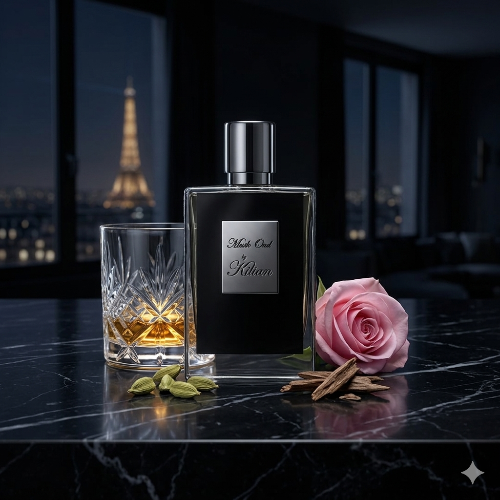 Frasco negro de Kilian Musk Oud sobre mármol con ron, rosa búlgara, madera de agar y cardamomo, estilo Casa Flores.
