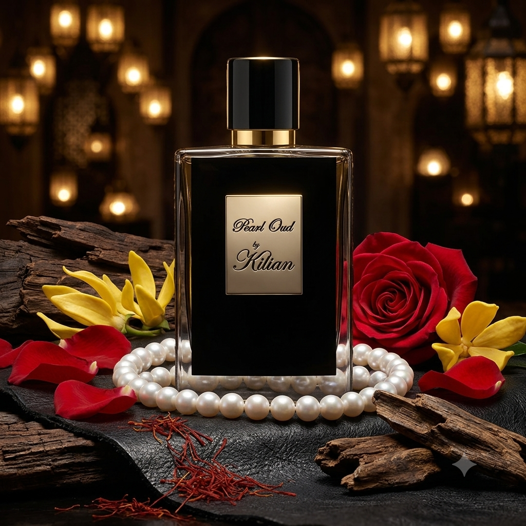 Frasco negro de Kilian Paris Pearl Oud sobre madera oscura con perlas blancas, rosa turca, azafrán y oud indio, estilo Casa Flores.