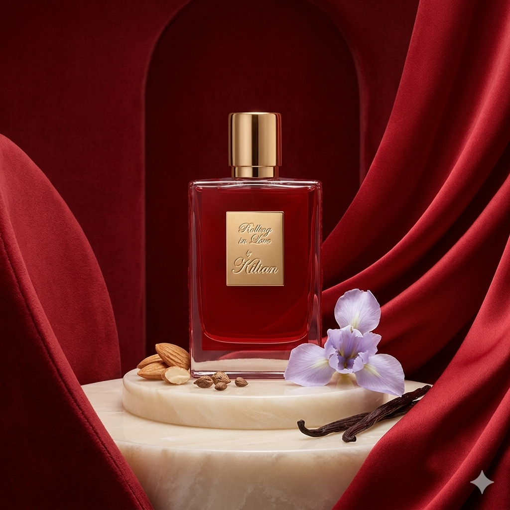 Frasco rojo y dorado de Kilian Rolling in Love sobre seda roja con almendras, flores de iris y vainilla, estilo Casa Flores.