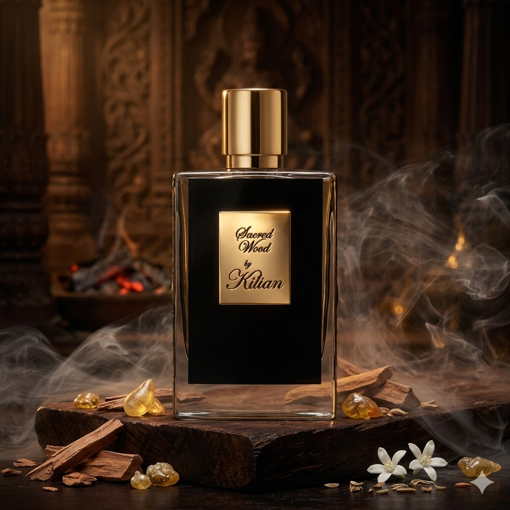 Frasco negro y dorado de Kilian Paris Sacred Wood sobre madera mística con bloques de sándalo, amyris, bálsamos cálidos y un toque de leche, estilo Casa Flores.