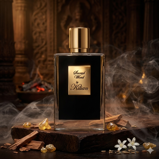 Frasco negro y dorado de Kilian Paris Sacred Wood sobre madera mística con bloques de sándalo, amyris, bálsamos cálidos y un toque de leche, estilo Casa Flores.