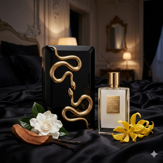 Frasco negro y dorado de Kilian Voulez-vous coucher avec Moi sobre seda oscura con flores de ylang-ylang, gardenia y sándalo, estilo Casa Flores.