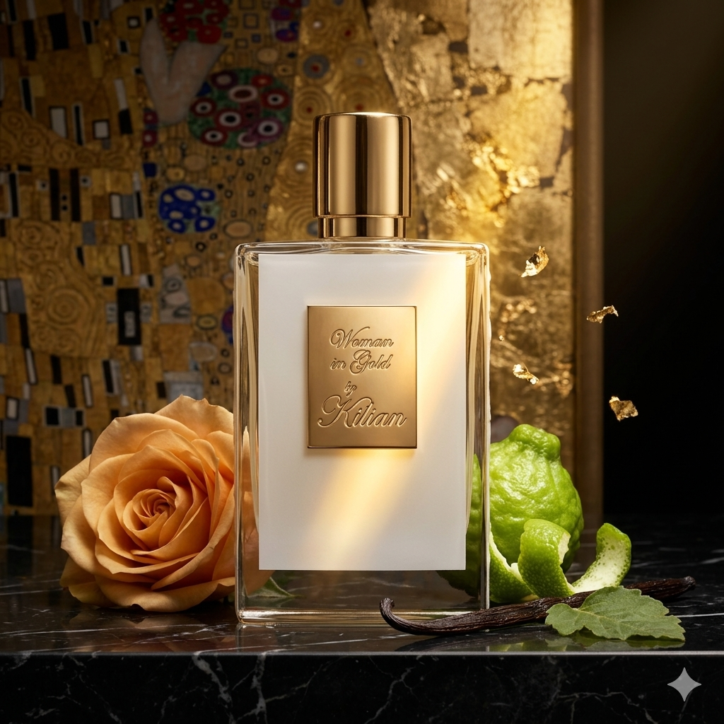 Frasco de Kilian Woman in Gold sobre mármol con pan de oro, vainilla, rosas y bergamota, estilo Casa Flores.
