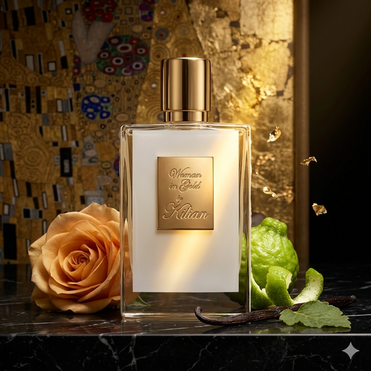 Frasco de Kilian Woman in Gold sobre mármol con pan de oro, vainilla, rosas y bergamota, estilo Casa Flores.