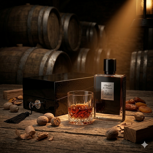 Frasco y coffret de Kilian Straight to Heaven sobre madera de cedro con ron y nuez moscada, estilo Casa Flores.