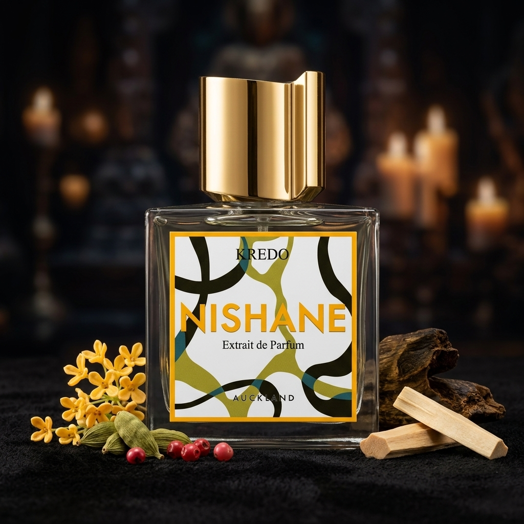 Frasco con etiqueta abstracta amarilla y verde de Nishane Kredo Auckland sobre gamuza oscura con oud, cardamomo y osmanto, estilo Casa Flores.