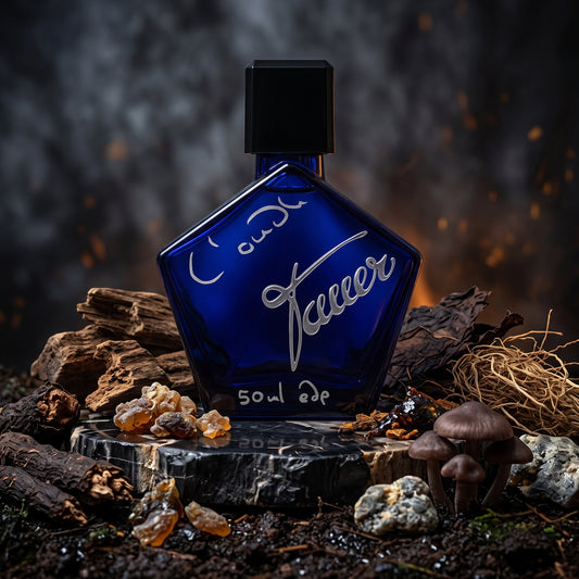 Frasco pentagonal azul de L'Oudh de Tauer Perfumes sobre madera oscura con madera de oud, castóreo y mirra, estilo Casa Flores.