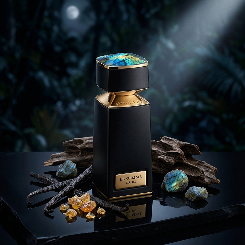 Frasco obelisco negro de Bvlgari Le Gemme Orom con piedra labradorita sobre mármol oscuro con vainilla bourbon, benjuí y madera de oud, estilo Casa Flores.