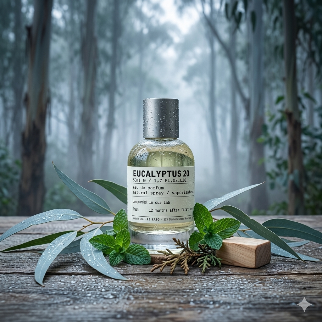 Frasco de botica de Le Labo Eucalyptus 20 sobre madera húmeda con hojas de eucalipto fresco, menta y ciprés, estilo Casa Flores.