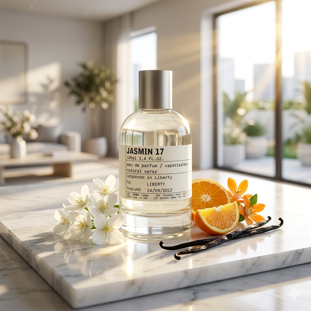 Frasco de botica de Le Labo Jasmin 17 bañado en luz solar con flores de jazmín blanco, neroli y naranja amarga, estilo Casa Flores.