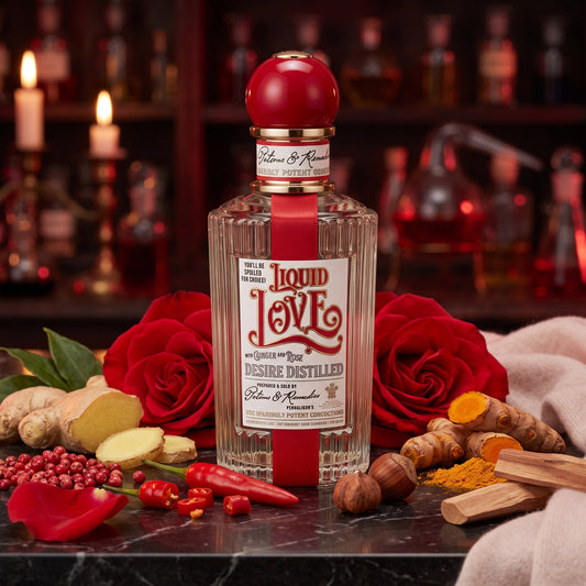 Frasco estriado estilo boticario de Liquid Love de Penhaligon's con tapón rojo y cinta roja, rodeado de rosas, jengibre y chile rojo, estilo Casa Flores.