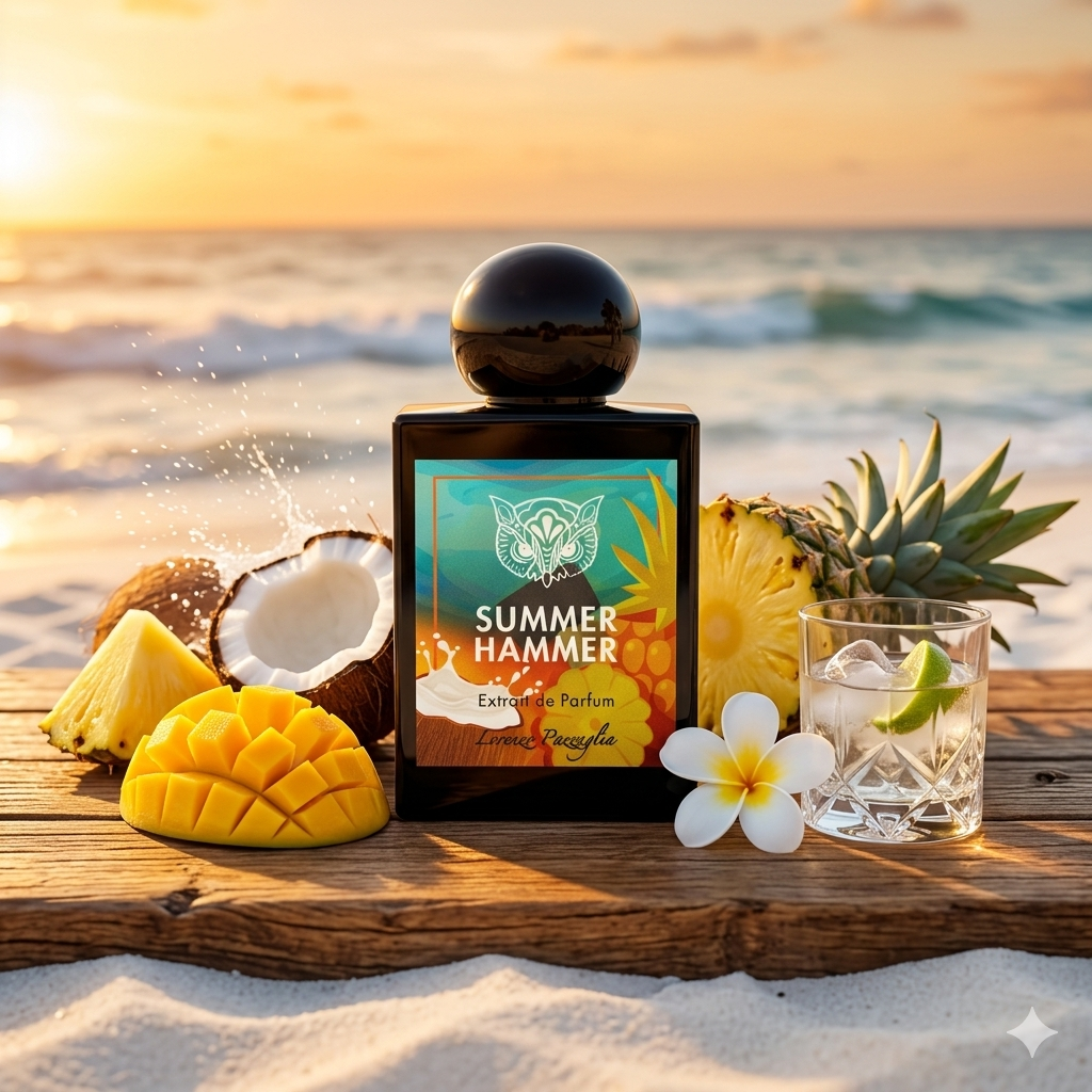 Frasco de Lorenzo Pazzaglia Summer Hammer en una playa tropical con mango, piña, coco y un vaso de ron blanco, estilo Casa Flores.