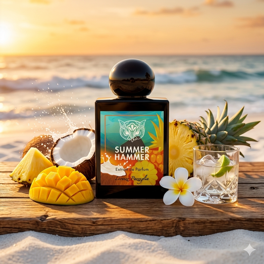 Frasco de Lorenzo Pazzaglia Summer Hammer en una playa tropical con mango, piña, coco y un vaso de ron blanco, estilo Casa Flores.