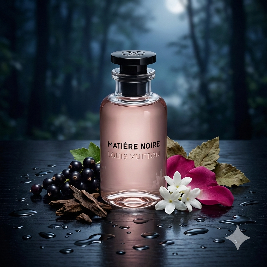 Frasco minimalista del perfume Louis Vuitton Matière Noire rodeado de madera de oud, grosellas negras y flores blancas en un ambiente oscuro y elegante.