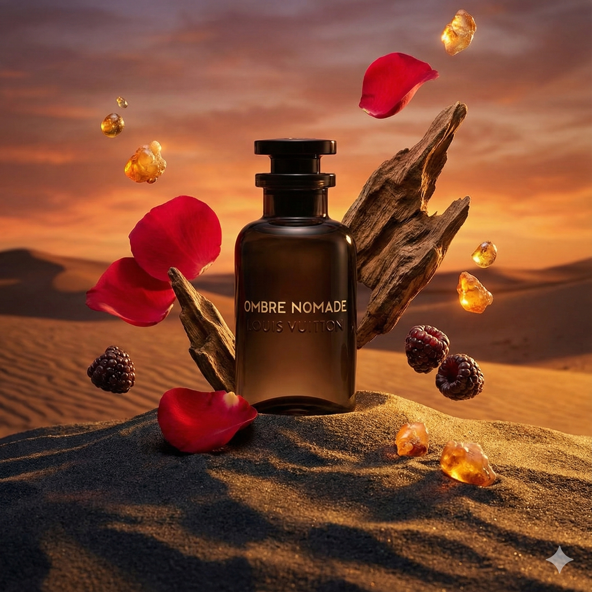 Frasco oscuro de Louis Vuitton Ombre Nomade sobre arena del desierto al anochecer, estilo Casa Flores.