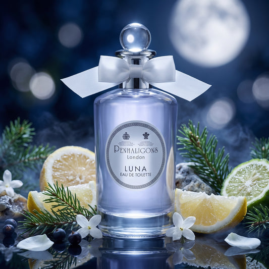 Frasco clásico de Luna de Penhaligon's con lazo blanco sobre mármol iluminado por la luna con limón, bayas de enebro y rosa, estilo Casa Flores.