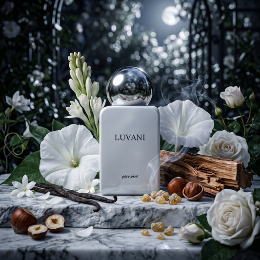 Frasco blanco plateado brillante con tapón esférico gris metálico de Luvani de Pernoire, rodeado de flor de la luna, nardos, incienso, vainilla y avellanas, estilo Casa Flores.