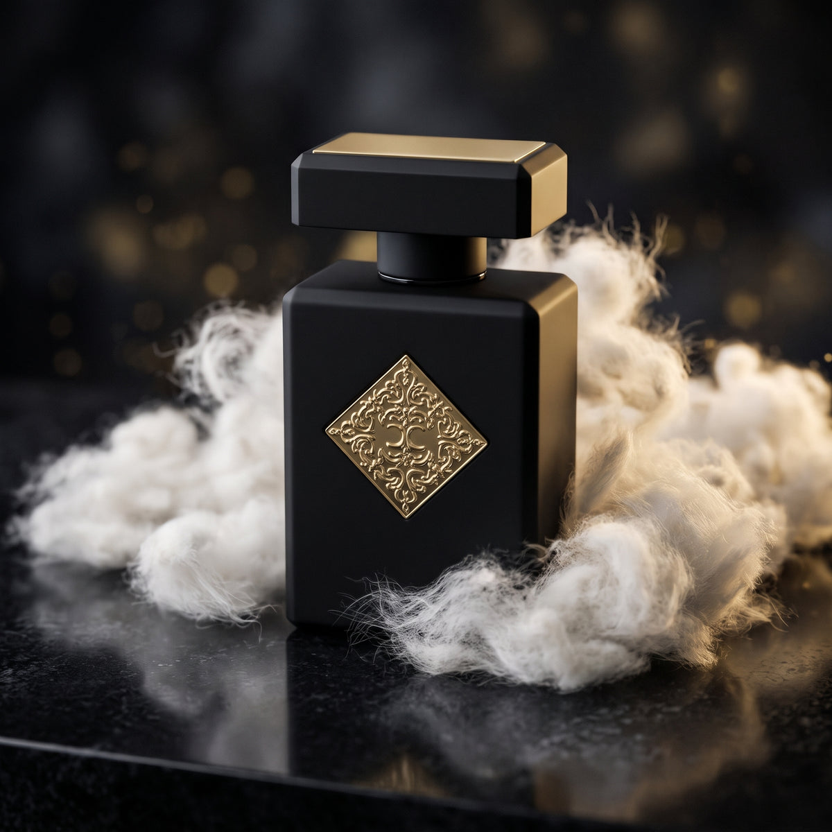 Frasco negro mate con tapón de placa dorada y emblema romboidal dorado en relieve de Magnetic Blend 7 de Initio Parfums Privés, rodeado de suave almizcle blanco, estilo Casa Flores.