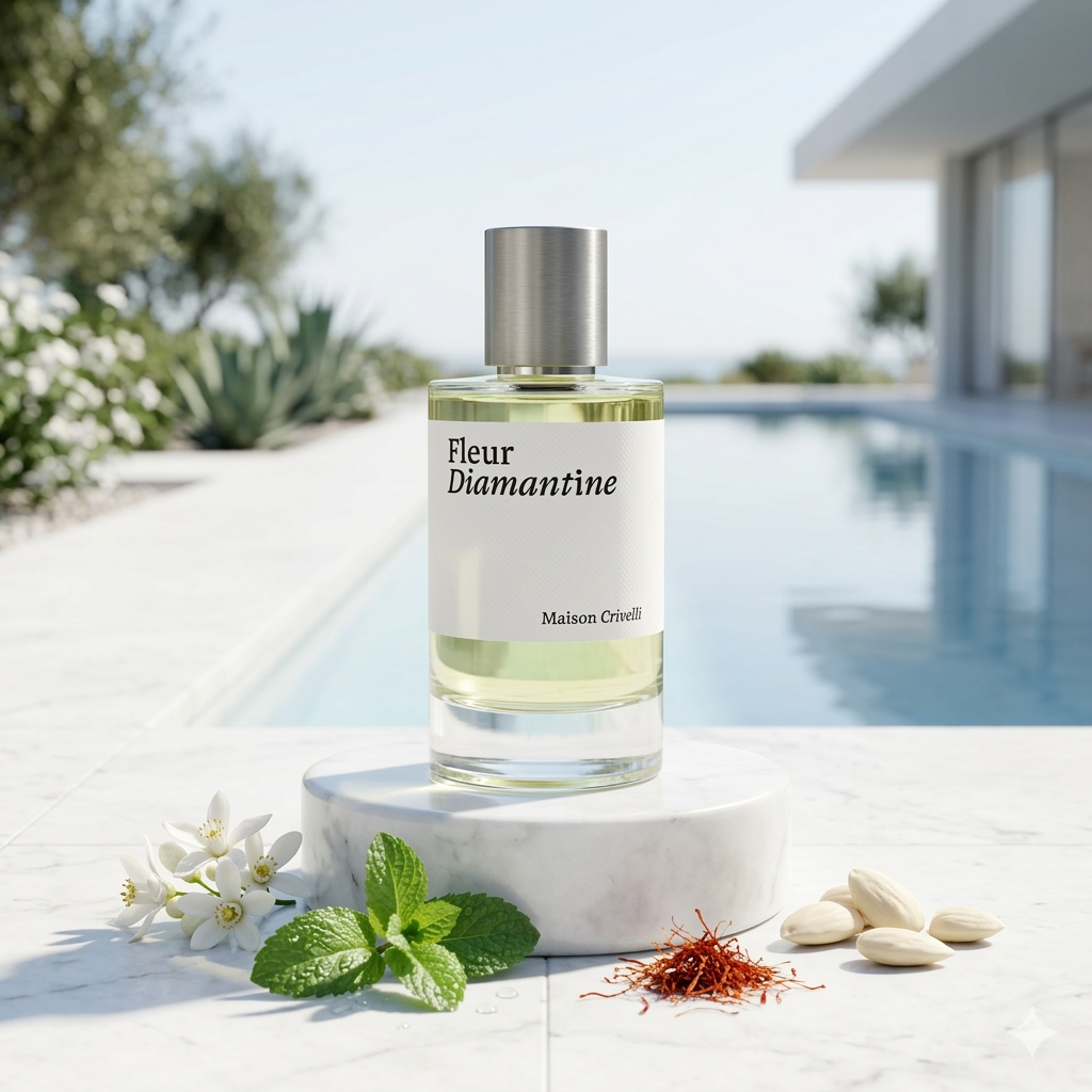 Frasco de Maison Crivelli Fleur Diamantine rodeado de flores de neroli y hojas de menta fresca, estilo Casa Flores.