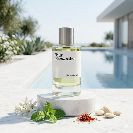 Frasco de Maison Crivelli Fleur Diamantine rodeado de flores de neroli y hojas de menta fresca, estilo Casa Flores.