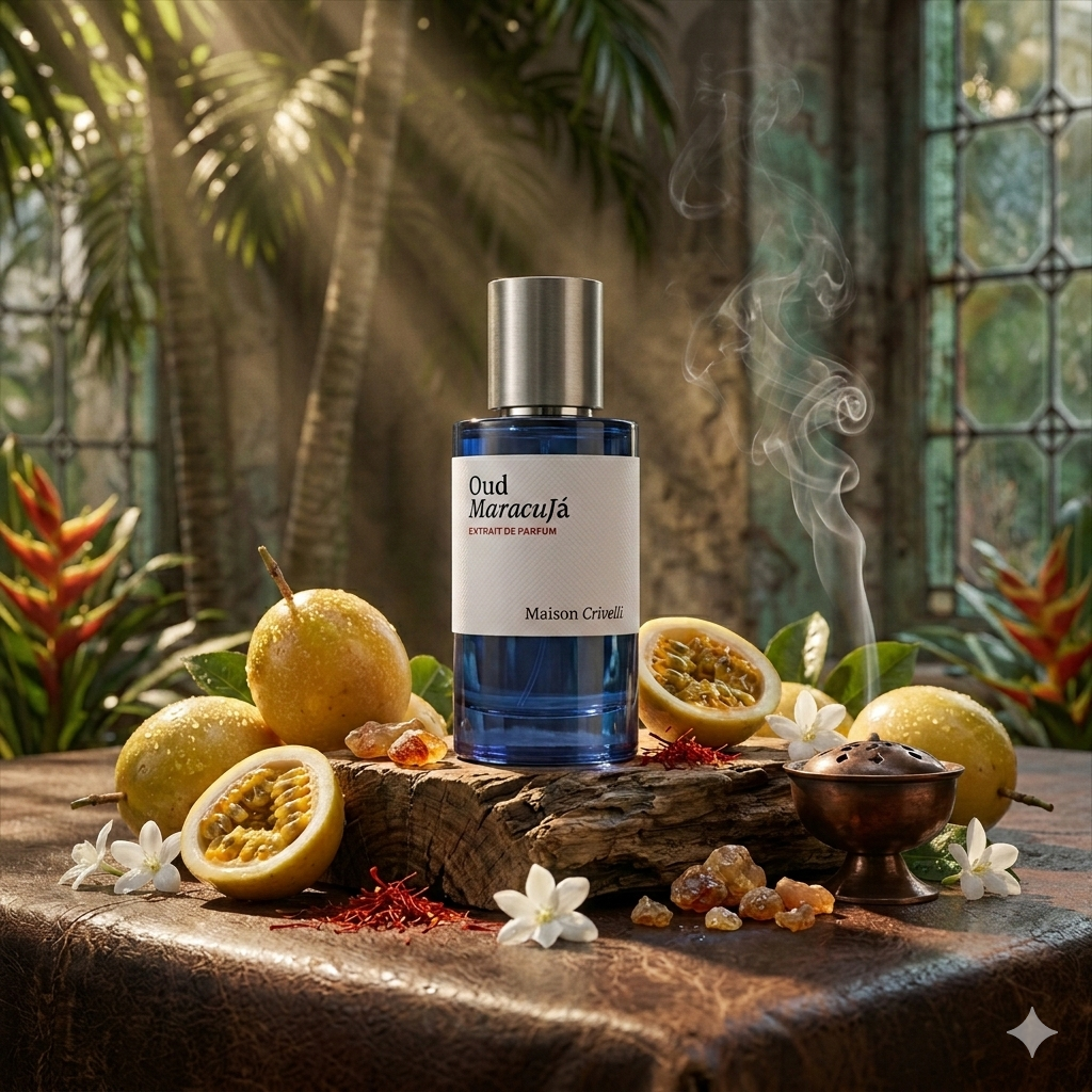 Frasco de Oud Maracujá de Maison Crivelli sobre una superficie de madera y cuero rodeado de maracuyá abierto y resinas, fotorrealismo 1:1 para Casa Flores.