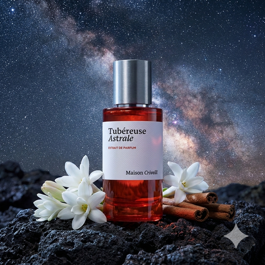 Frasco de perfume Maison Crivelli Tubéreuse Astrale con líquido color ámbar rojizo.