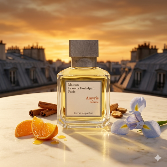 Frasco de cristal de Maison Francis Kurkdjian Amyris Homme Extrait sobre mármol con mandarinas, canela, flores de iris y madera de amyris, estilo Casa Flores.
