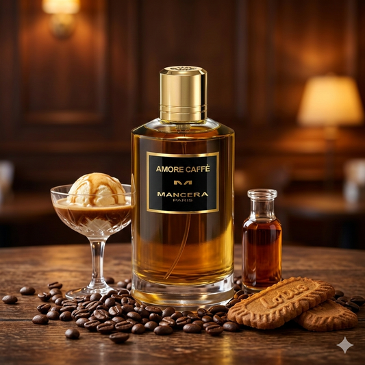 Frasco de Mancera Amore Caffè rodeado de granos de café tostado, una copa con helado de vainilla, licor de amaretto y galletas speculoos sobre una mesa de madera oscura.