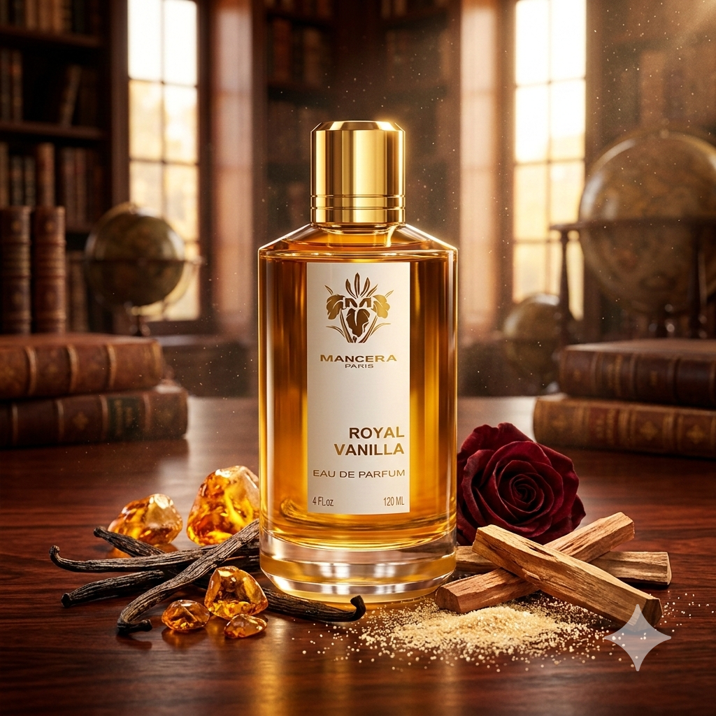 Lujoso frasco cilíndrico de Mancera Royal Vanilla con detalles dorados y negros, rodeado de vainas de vainilla de Madagascar, ámbar cálido, maderas preciosas y una rosa oscura bajo luz dorada empolvada.