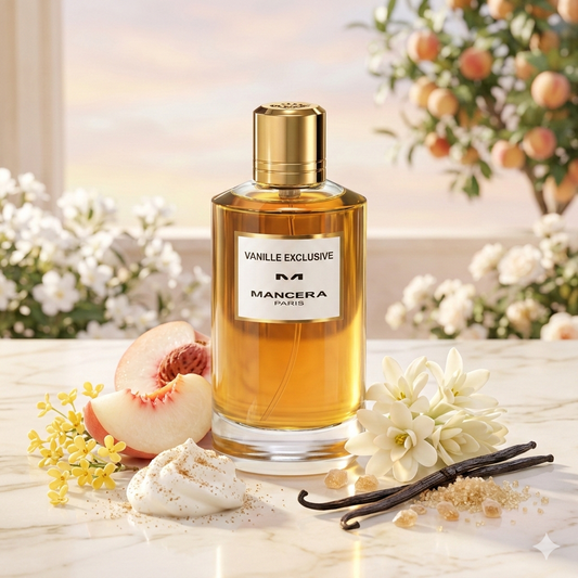 Frasco de Mancera Vanille Exclusif rodeado de duraznos blancos, flores de osmanto, nardos cremosos y azúcar moreno sobre una superficie de mármol claro.