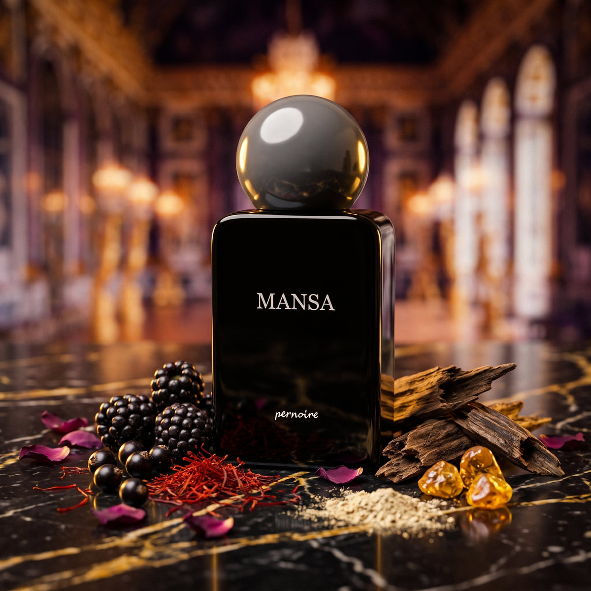 Frasco negro brillante con tapón esférico gris oscuro de Mansa de Pernoire, rodeado de madera de oud, zarzamoras, azafrán y ámbar, estilo Casa Flores.