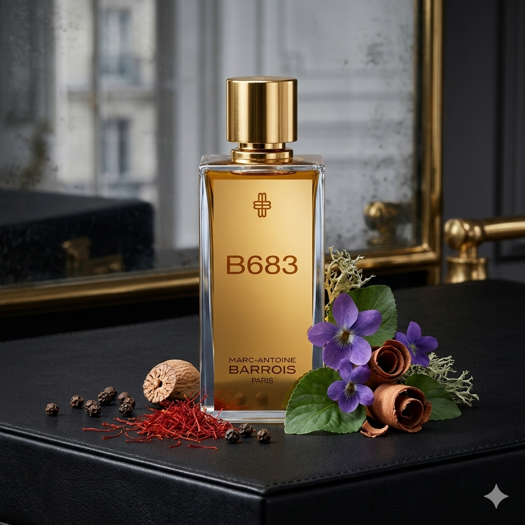 Frasco elegante de Marc-Antoine Barrois B683 sobre cuero negro con azafrán, hoja de violeta, pimienta negra y maderas, estilo Casa Flores.