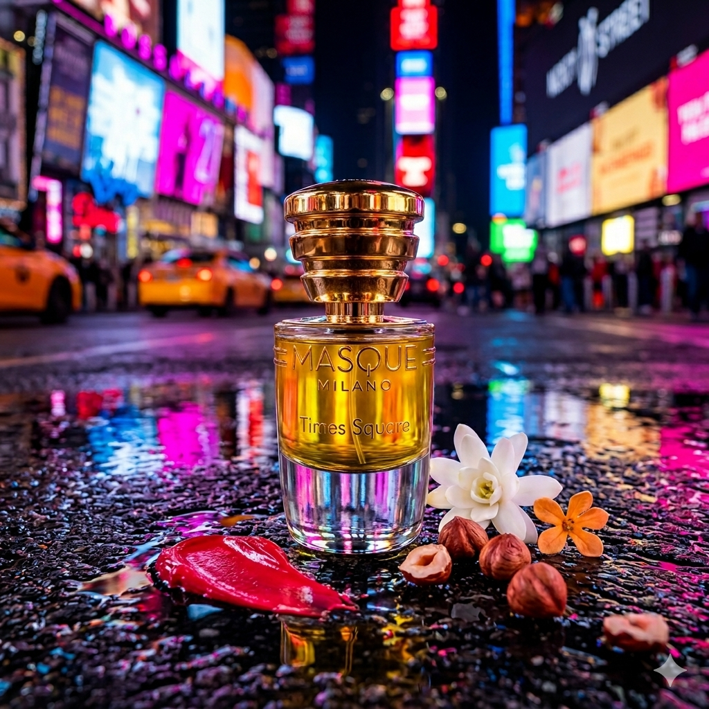 Frasco de Masque Milano Times Square en asfalto mojado con luces de neón, lápiz labial rojo, avellanas tostadas y nardo, estilo Casa Flores.