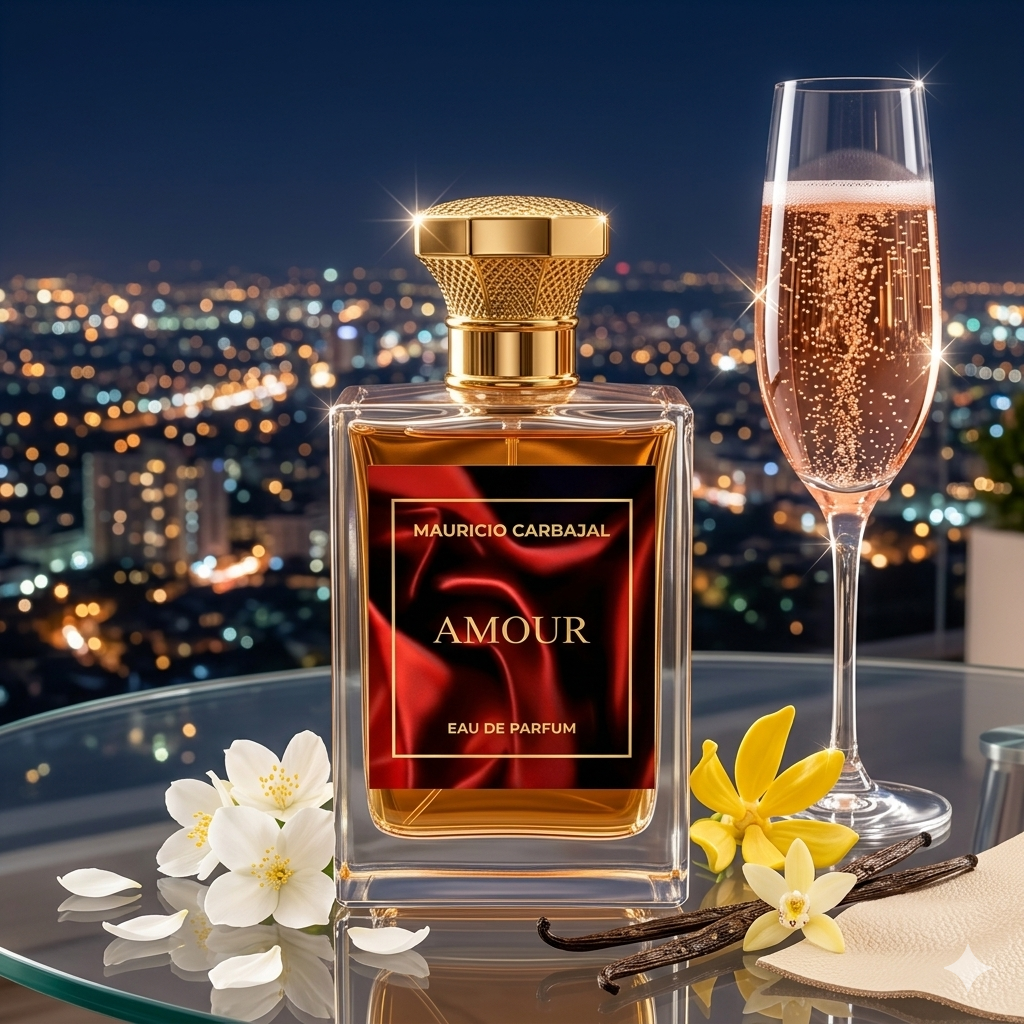 Frasco de Amour Mauricio Carbajal junto a una copa de Champagne y flores blancas, estilo Casa Flores.