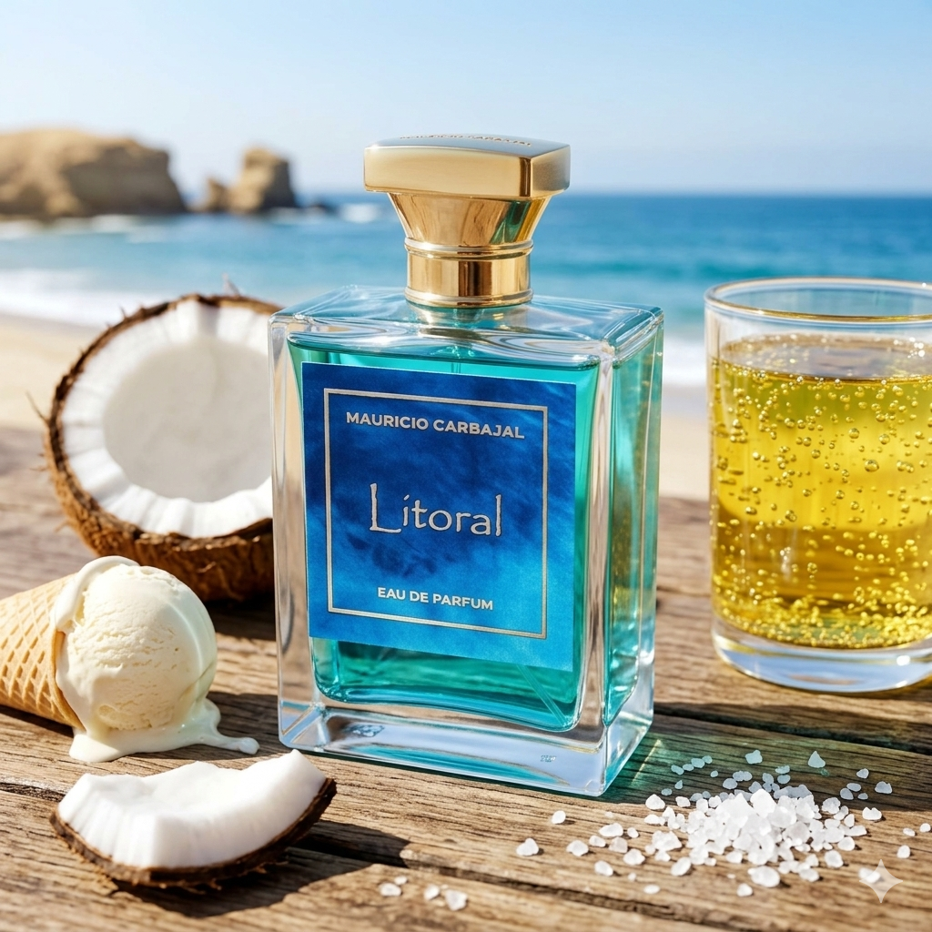 Frasco de Litoral de Mauricio Carbajal con fondo de playa y detalles de coco y vainilla, estilo Casa Flores.