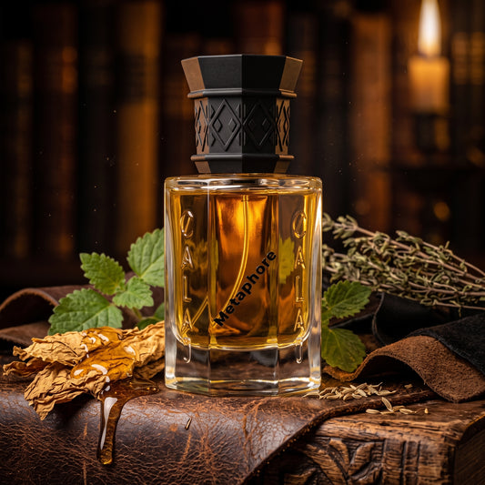 Frasco octogonal de Metaphore WJ de Calaj con tapón negro tallado sobre cuero oscuro con miel, tabaco y pachulí, estilo Casa Flores.