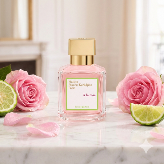 Frasco elegante del perfume Maison Francis Kurkdjian À la rose rodeado de rosas rosadas frescas, bergamota y rocío matutino.