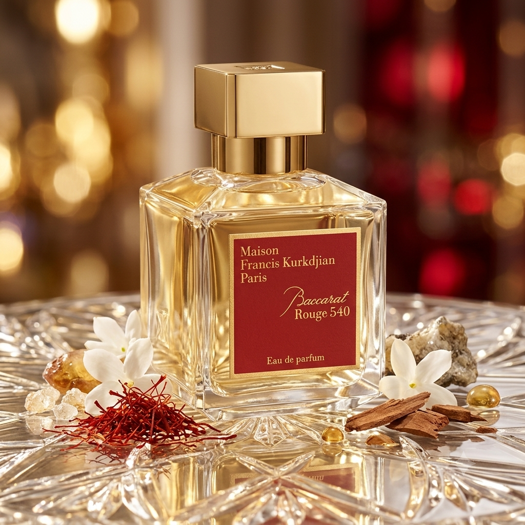 Frasco transparente con etiqueta roja de Baccarat Rouge 540 sobre cristal con azafrán, azúcar y cedro, estilo Casa Flores.