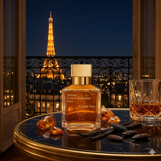 Frasco de MFK Grand Soir frente a un ventanal con vista a París de noche, estilo Casa Flores.