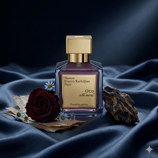 Frasco de MFK Oud Silk Mood Extrait sobre seda azul noche con rosa de Bulgaria y madera de oud, estilo Casa Flores.