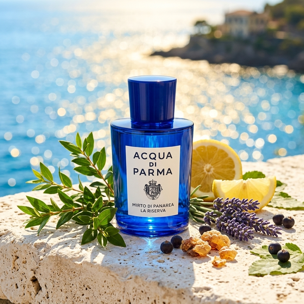 Frasco azul intenso de Acqua di Parma Mirto di Panarea La Riserva sobre piedra caliza blanca con mirto, enebro, mirra y lavanda, estilo Casa Flores.