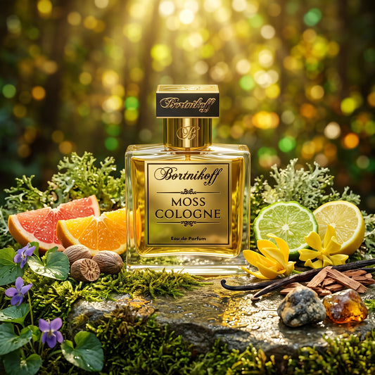 Frasco de cristal con placa dorada de Moss Cologne de Bortnikoff, rodeado de musgo de roble, cítricos frescos y maderas, estilo Casa Flores.